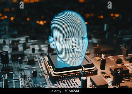 Artificial Intelligence Humanoid Head on a Circuit Board, 3D Rendering Stock Photo