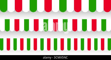Shop sunshade. Realistic striped cafe awning. Outdoor market tent. Roof canopy in Italian flag colors. Summer street store. Vector illustration Stock Vector