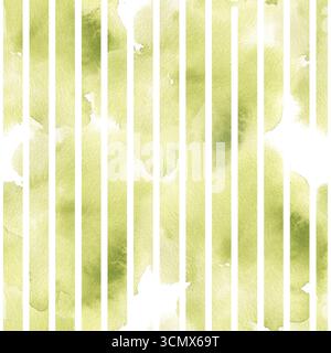 Green splashes watercolor seamless pattern with geometric elements. Hand drawn abstract olive colored background with stripes for wallpaper, web,packi Stock Photo