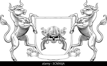 Cowboy Skull Guns Crest Coat of Arms Shield Design Stock Vector
