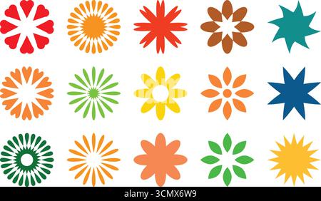 Discover a vibrant assortment of fifteen unique, symmetrical patterns. These designs feature intricate geometric floral motifs in a spectrum of bright Stock Vector
