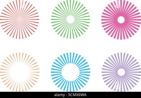 A collection of six distinct abstract radial burst designs featuring unique color schemes and radiating patterns. Stock Vector