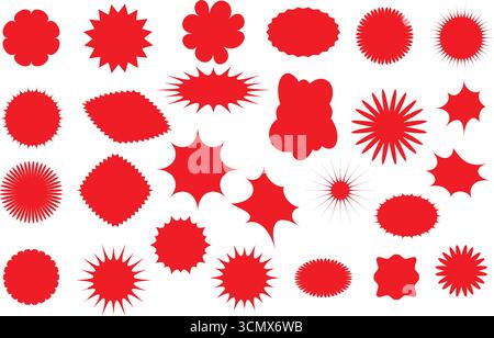 A vibrant assortment of red abstract shapes including starbursts jagged edges organic blobs and geometric forms. Stock Vector