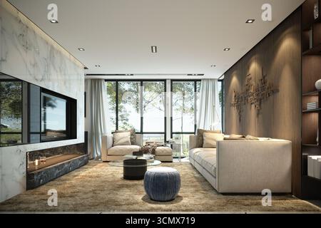Spacious, modern living room with floor-to-ceiling windows, offering a bright and luxurious living experience. Stock Photo