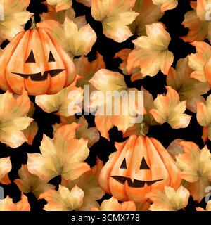 Hand-drawn seamless pattern of jack-o'-lanterns and autumn leaves in shades of orange and yellow on a black background. Festive design for fall and Ha Stock Photo