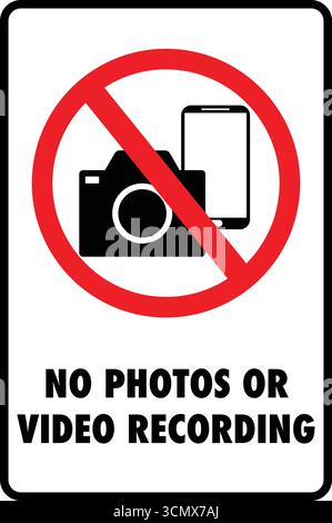 Sign prohibiting photography and video recording, featuring a crossed-out camera and phone with text, indicating restricted visual documentation. Stock Vector