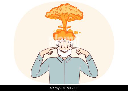 Explosion of brain in elderly man who has experienced severe strain on intellect and covers ears with fingers. Brain explosion symbolizes receiving shocking information that can drive person crazy Stock Vector
