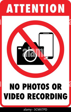 Prohibition sign with text, photography and video recording are not allowed with a crossed-out camera and cellphone symbol. Stock Vector