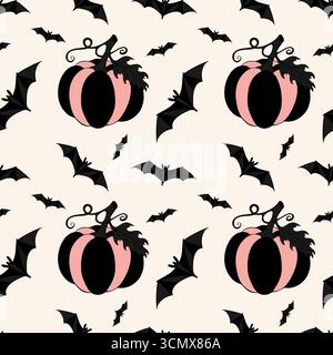Striped Halloween pumpkins pattern, pink and dark grey and bat silhouettes. On creamy beige background. Vector illustration Stock Vector