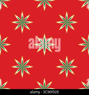 Red background with repeating green and gold floral pattern. Festive and decorative design ideal for various applications. Stock Vector
