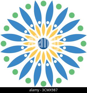 Vibrant circular design featuring blue petals, yellow accents, and green dots, creating a symmetrical and visually appealing pattern. Stock Vector