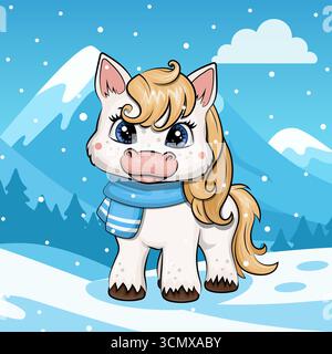 Cute cartoon horse and pine trees in winter. Vector Illustration of Animal in nature on blue background with snow. Stock Vector