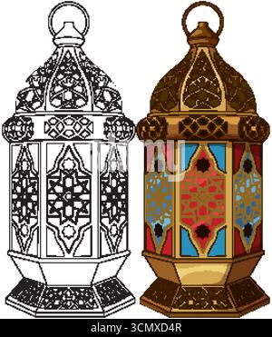 Intricate Middle Eastern lantern in color and outline, geometric patterns, flat vector style Stock Vector