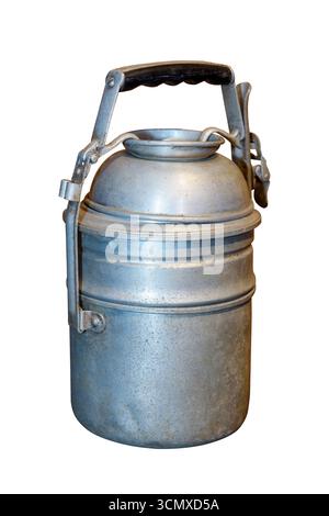 Old silver tiffin box or food container isolated on white backgrounds work with clipping path. Stock Photo