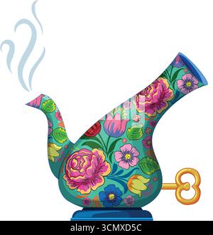 Colorful vector teapot with whimsical floral motifs, steam, and wind-up key on white background. Stock Vector