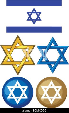 Vector illustration of Israeli flag with multiple colorful Star of David icons in various styles. Stock Vector