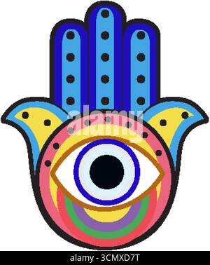 Bold vector illustration of Hamsa hand with stylized eye, vibrant colors, and geometric patterns Stock Vector