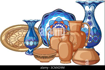 Assorted Middle Eastern pottery and ornate ceramic vases with intricate blue geometric patterns Stock Vector
