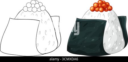 Hand-drawn vector gunkan sushi with salmon roe, seaweed wrap, and rice, colored and outline versions Stock Vector