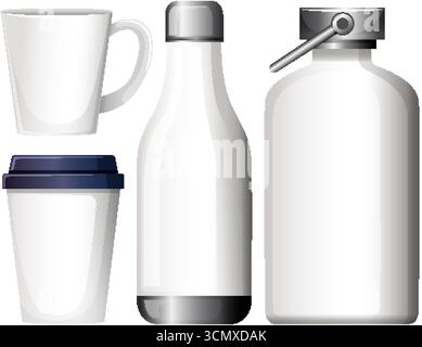 Clean vector illustration of reusable mugs, bottles, and canteen with metallic and plastic elements Stock Vector