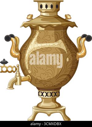Classic brass samovar with ornate floral engravings and stylized handles, vector illustration on white background. Stock Vector