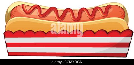 Bold vector hot dog with ketchup in red-striped tray, vibrant flat cartoon style. Stock Vector