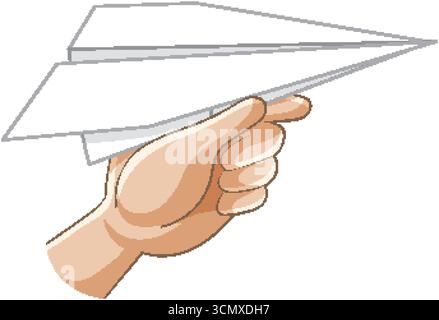 Vector illustration of a hand gripping a paper airplane, clean lines, flat color palette Stock Vector