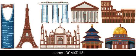 Modern vector illustration of iconic world landmarks with vibrant colors and detailed architectural features. Stock Vector