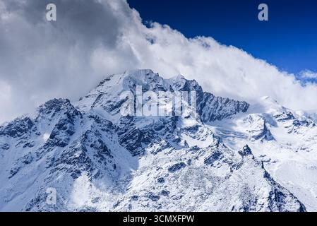 Sharp Snow-Covered Peaks of the Langtang Range Seen from Kyanjin Ri Summit, Featuring the Prominent Massif of Langtang Lirung Stock Photo