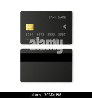 Realistic black bank card mockup showing front and back sides. Perfect for finance, payment systems, online banking, fintech apps, and branding design Stock Vector