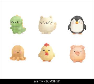 Cute Mosaic Pixel Art Animals Set Stock Vector