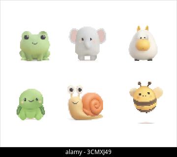 Cute Mosaic Pixel Art Animals Set Stock Vector