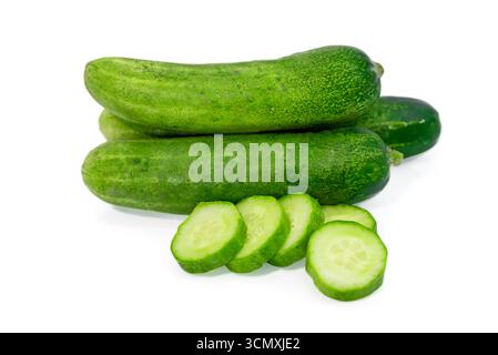 Fresh green cucumber with slices isolated on white background Stock Photo