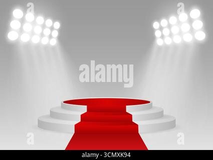 Stage Podium with Red Carpet Illuminated with Spotlights for Award Ceremony, Product or Cosmetic Presentation or Event Exhibition. Winner Podium. Stock Vector