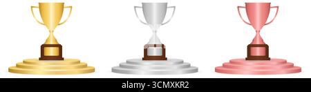 Trophy Cup on Stage Podium; Golden, Silver and Bronze. Champion and Winning or Celebration Concept. Vector Illustration. Stock Vector