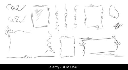 Frames scribbles vector hand drawn set. Coquette bows and square quirky sketch borders with strokes, swirls and corner elements. Irregular lines and Stock Vector