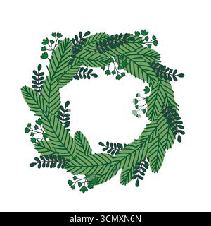Festive winter wreath made of different green branches such as spruce or pine and deciduous tree in flat vector style. Perfect isolated decorative ele Stock Vector