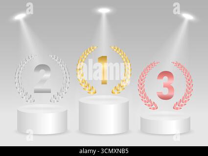 Stage Podium or Award Winners Podium with Ranking for First, Second and Third Place Illuminated with Spotlights. Stock Vector