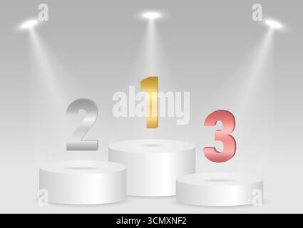 Stage Podium or Award Winners Podium with Ranking for First, Second and Third Place Illuminated with Spotlights. Stock Vector