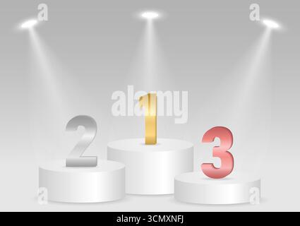 Stage Podium or Award Winners Podium with Ranking for First, Second and Third Place Illuminated with Spotlights. Stock Vector