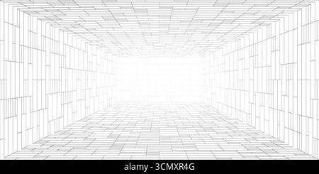 3D grid room with wireframe box pattern and cube shapes for digital background and space. Futuristic interior with white line mesh and tech projection Stock Vector