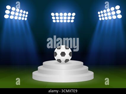 Podium and Football on Soccer Field in Stadium or Sport Arena. Football Field or Soccer Field Stadium. Vector Illustration. Stock Vector