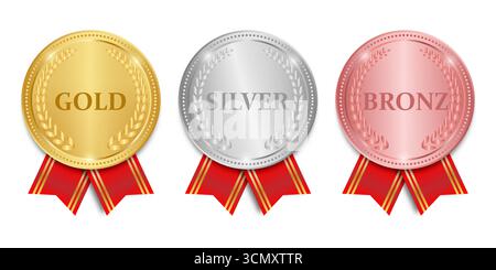 Medal. Gold, Silver and Bronze Medals with Red Ribbon. Sport Winner Medal. Champion and Winning Concept. Vector Illustration. Stock Vector