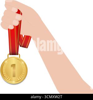 Hand Holding Gold Medal. Champion and Winning Concept. Vector Illustration. Stock Vector