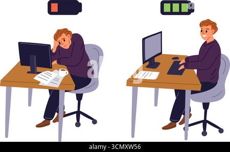 Tired or energetic worker. Exhausted sleepy man and active young manager. Full and low battery charge levels. Businessman working on computer in offic Stock Vector