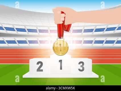 Hand holding golden medal champion prize winner reward sketch vector ...