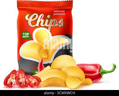 Realistic packaging of spicy potato chips with red chili pepper pieces. Fried starchy vegetable slices. Hot spice taste. Closed foil product packet. F Stock Vector