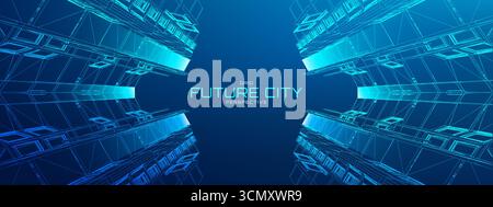 3D metaverse city featuring futuristic buildings and neon tech elements. Abstract cyber skyscrapers with glowing outlines. NFT urban scenes or blockch Stock Vector