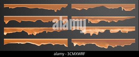 Dripping caramel featuring honey drops and realistic liquid effects. Golden syrup swirls with sticky toffee for food designs. Transparent 3D vectors o Stock Vector