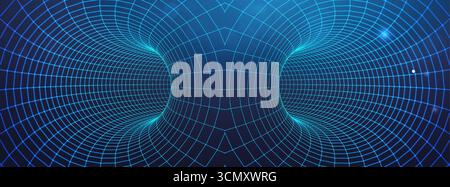 Wormhole data tunnel with 3D cyber texture and futuristic digital vortex. Abstract wireframe portal or time warp effect for tech background. AI powere Stock Vector